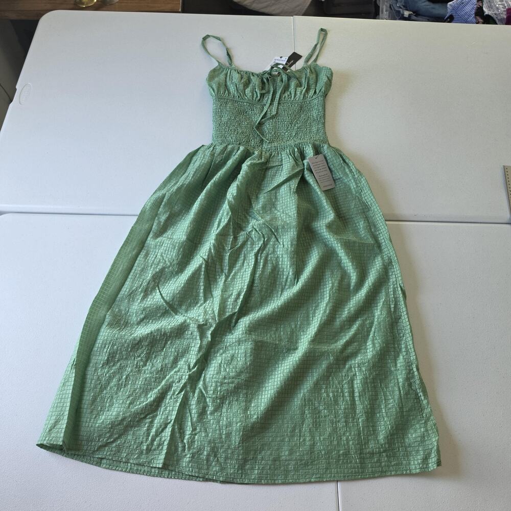 Lulus Dress Womens XS Green Check Smocked Maxi Sundress Strappy Boho Summer